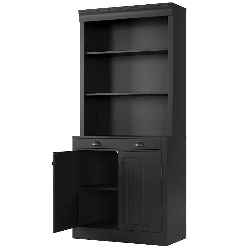 Estantería de 71 pulgadas con cajón, estantería blanca de 5 niveles con puertas, estante ajustable, gabinetes de almacenamiento de madera