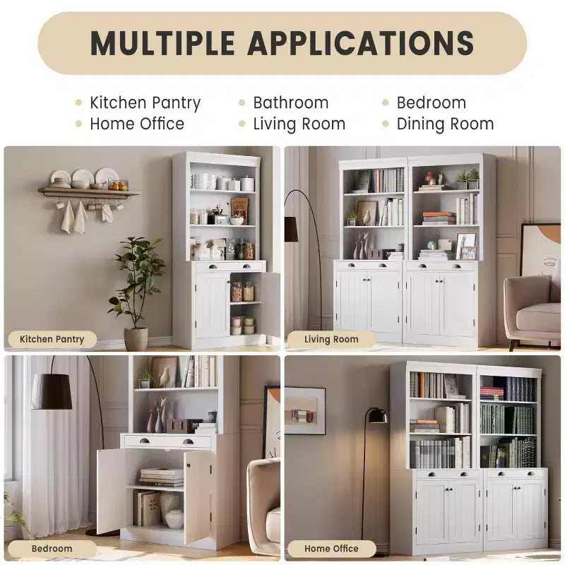 Estantería de 71 pulgadas con cajón, estantería blanca de 5 niveles con puertas, estante ajustable, gabinetes de almacenamiento de madera