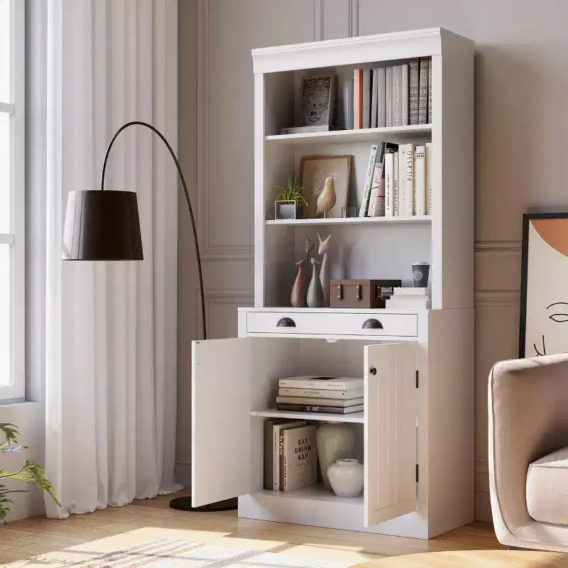 Estantería de 71 pulgadas con cajón, estantería blanca de 5 niveles con puertas, estante ajustable, gabinetes de almacenamiento de madera