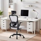 Silla de oficina ergonómica de alto gris con reposacabezas y soporte lumbar ajustables - Apoyabrazos abatibles, silla de malla con ruedas para oficina en casa, estudio, dormitorio