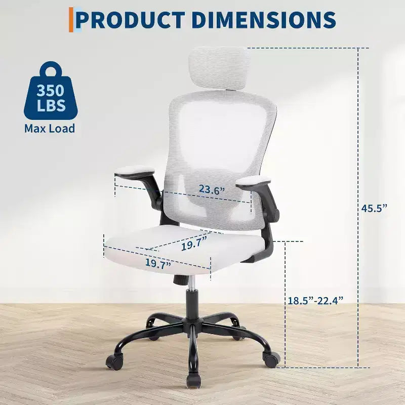 Silla de oficina ergonómica de alto gris con reposacabezas y soporte lumbar ajustables - Apoyabrazos abatibles, silla de malla con ruedas para oficina en casa, estudio, dormitorio