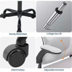 Silla de oficina ergonómica de alto gris con reposacabezas y soporte lumbar ajustables - Apoyabrazos abatibles, silla de malla con ruedas para oficina en casa, estudio, dormitorio