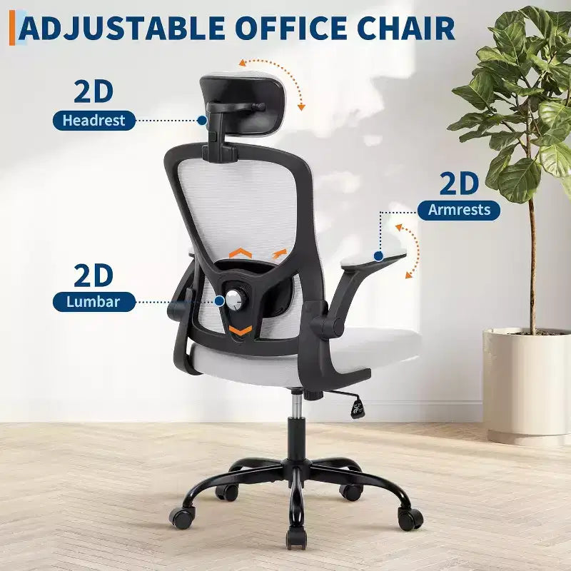 Silla de oficina ergonómica de alto gris con reposacabezas y soporte lumbar ajustables - Apoyabrazos abatibles, silla de malla con ruedas para oficina en casa, estudio, dormitorio