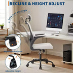 Silla de oficina ergonómica de alto gris con reposacabezas y soporte lumbar ajustables - Apoyabrazos abatibles, silla de malla con ruedas para oficina en casa, estudio, dormitorio