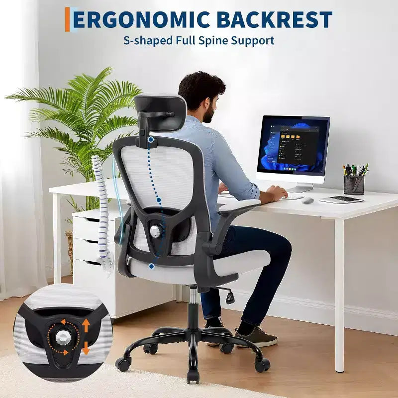 Silla de oficina ergonómica de alto gris con reposacabezas y soporte lumbar ajustables - Apoyabrazos abatibles, silla de malla con ruedas para oficina en casa, estudio, dormitorio