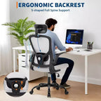 Silla de oficina ergonómica de alto gris con reposacabezas y soporte lumbar ajustables - Apoyabrazos abatibles, silla de malla con ruedas para oficina en casa, estudio, dormitorio