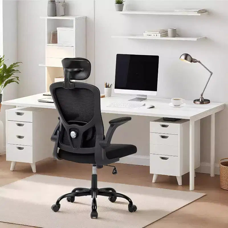 Silla de oficina ergonómica de alto gris con reposacabezas y soporte lumbar ajustables - Apoyabrazos abatibles, silla de malla con ruedas para oficina en casa, estudio, dormitorio