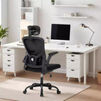 Silla de oficina ergonómica de alto gris con reposacabezas y soporte lumbar ajustables - Apoyabrazos abatibles, silla de malla con ruedas para oficina en casa, estudio, dormitorio