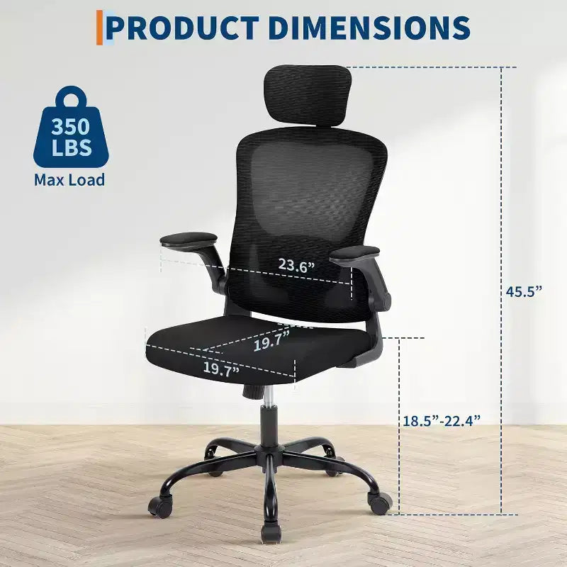 Silla de oficina ergonómica de alto gris con reposacabezas y soporte lumbar ajustables - Apoyabrazos abatibles, silla de malla con ruedas para oficina en casa, estudio, dormitorio