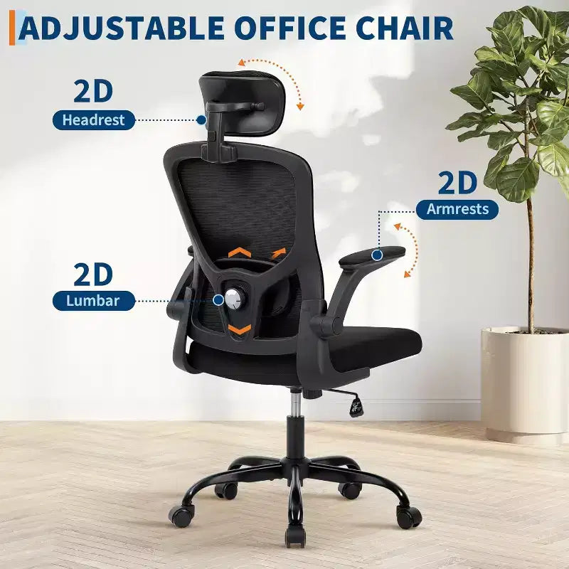Silla de oficina ergonómica de alto gris con reposacabezas y soporte lumbar ajustables - Apoyabrazos abatibles, silla de malla con ruedas para oficina en casa, estudio, dormitorio