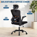 Silla de oficina ergonómica de alto gris con reposacabezas y soporte lumbar ajustables - Apoyabrazos abatibles, silla de malla con ruedas para oficina en casa, estudio, dormitorio