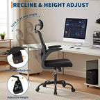Silla de oficina ergonómica de alto gris con reposacabezas y soporte lumbar ajustables - Apoyabrazos abatibles, silla de malla con ruedas para oficina en casa, estudio, dormitorio