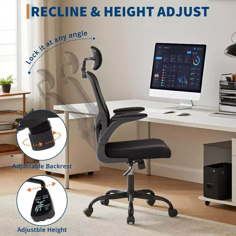 Silla de oficina ergonómica de alto gris con reposacabezas y soporte lumbar ajustables - Apoyabrazos abatibles, silla de malla con ruedas para oficina en casa, estudio, dormitorio