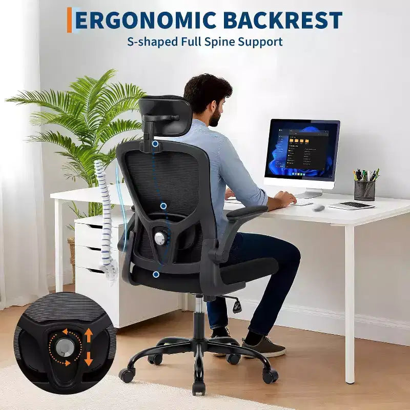 Silla de oficina ergonómica de alto gris con reposacabezas y soporte lumbar ajustables - Apoyabrazos abatibles, silla de malla con ruedas para oficina en casa, estudio, dormitorio