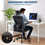 Silla de oficina ergonómica de alto gris con reposacabezas y soporte lumbar ajustables - Apoyabrazos abatibles, silla de malla con ruedas para oficina en casa, estudio, dormitorio