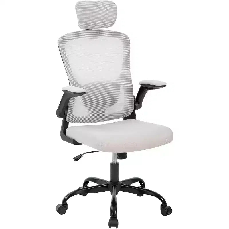 Silla de oficina ergonómica de alto gris con reposacabezas y soporte lumbar ajustables - Apoyabrazos abatibles, silla de malla con ruedas para oficina en casa, estudio, dormitorio