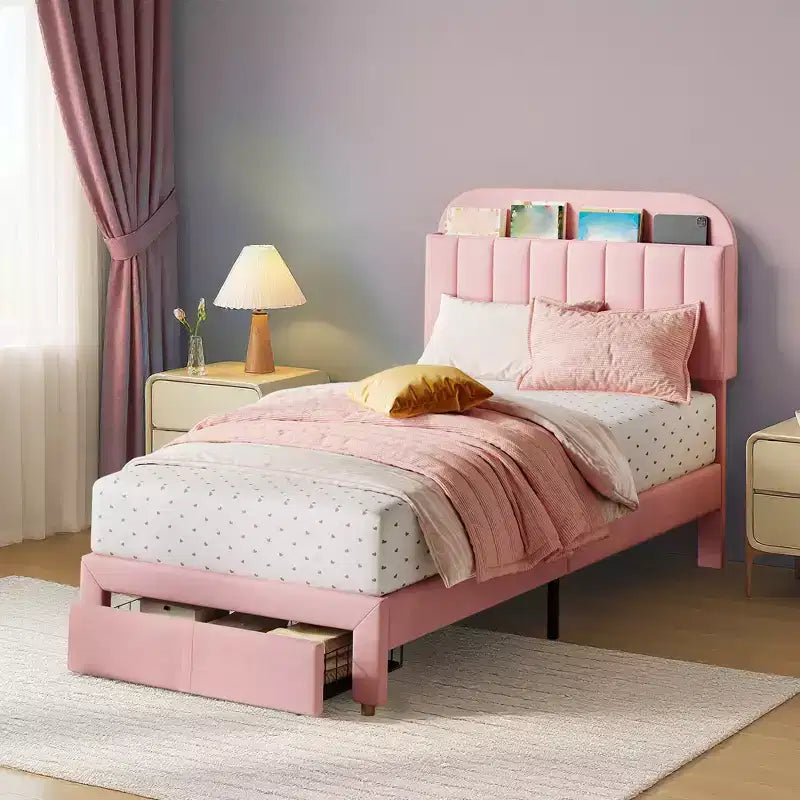 Base de cama tapizada doble con cabecero de estantería, base de colchón de plataforma de terciopelo