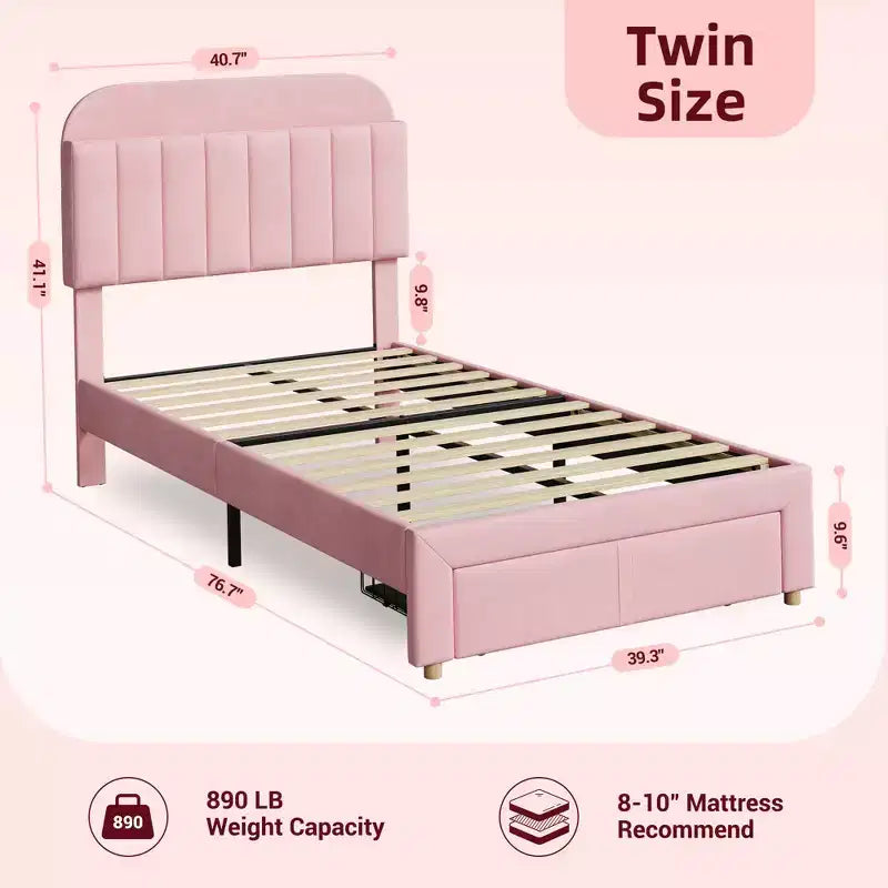 Base de cama tapizada doble con cabecero de estantería, base de colchón de plataforma de terciopelo