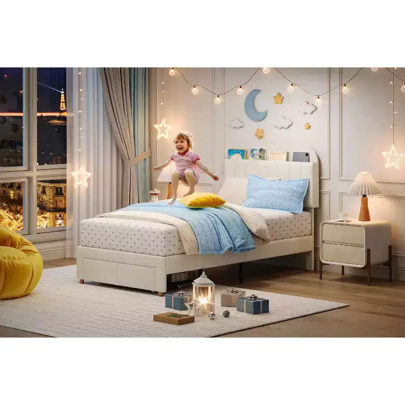 Base de cama tapizada doble con cabecero de estantería, base de colchón de plataforma de terciopelo