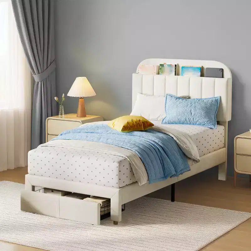 Base de cama tapizada doble con cabecero de estantería, base de colchón de plataforma de terciopelo