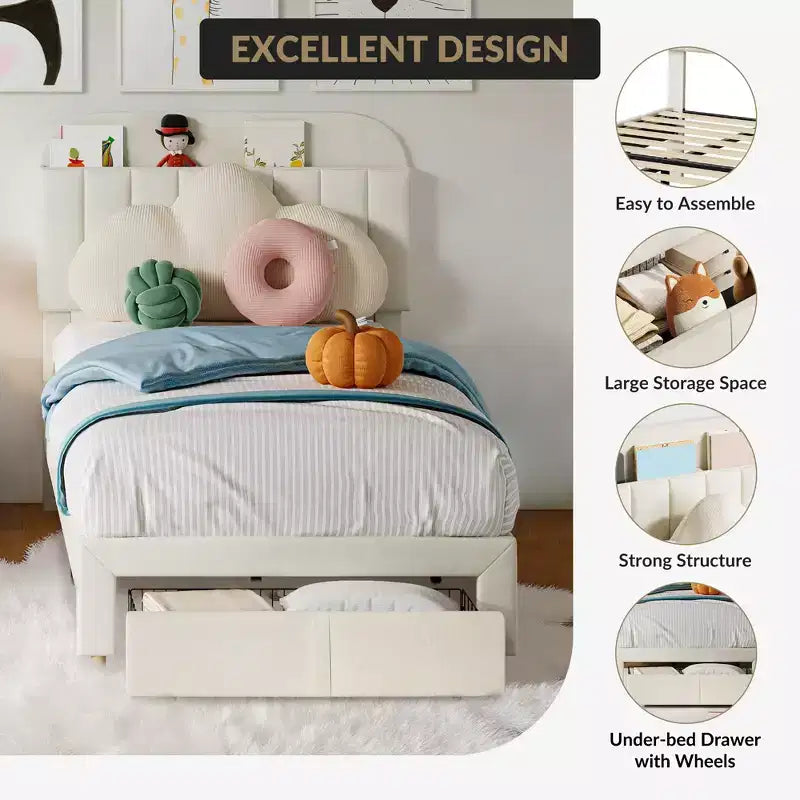 Base de cama tapizada doble con cabecero de estantería, base de colchón de plataforma de terciopelo