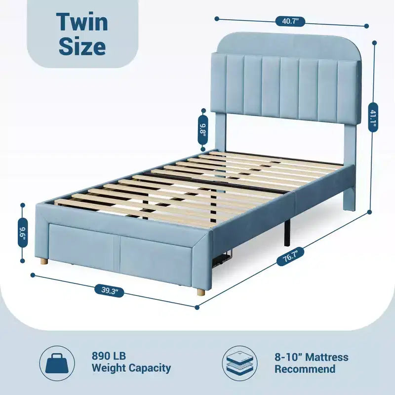 Base de cama tapizada doble con cabecero de estantería, base de colchón de plataforma de terciopelo