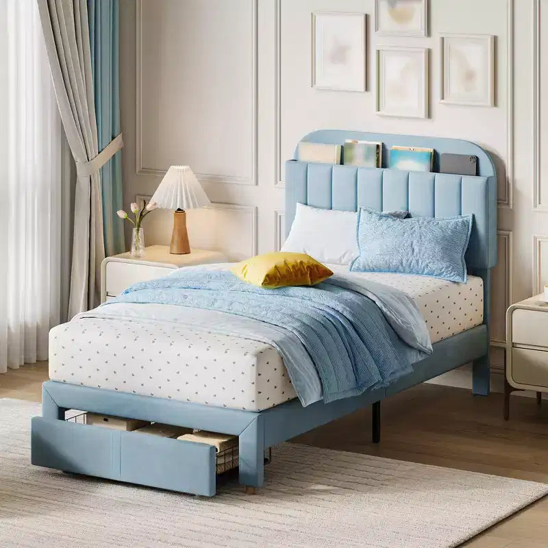 Base de cama tapizada doble con cabecero de estantería, base de colchón de plataforma de terciopelo