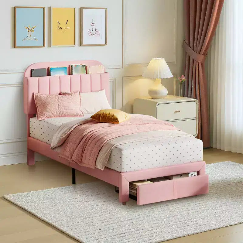 Base de cama tapizada doble con cabecero de estantería, base de colchón de plataforma de terciopelo