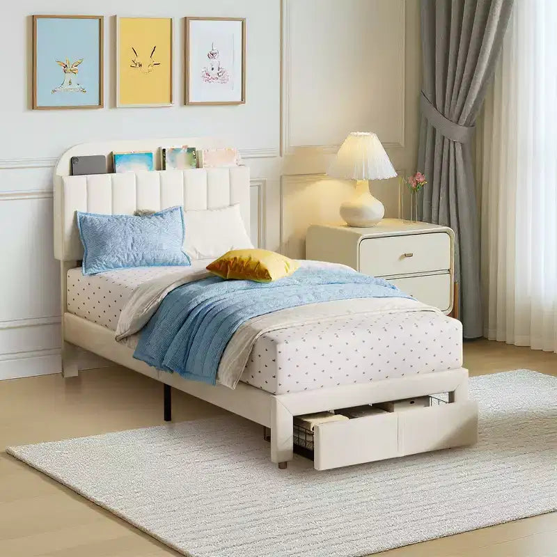 Base de cama tapizada doble con cabecero de estantería, base de colchón de plataforma de terciopelo
