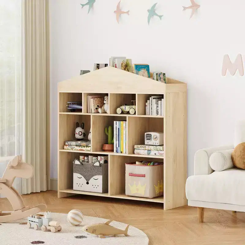 41 Organizador de almacenamiento de juguetes, estantería de madera para niños con 9 compartimentos, estante de juguetes resistente para sala de juegos, cuarto de niños, habitación infantil