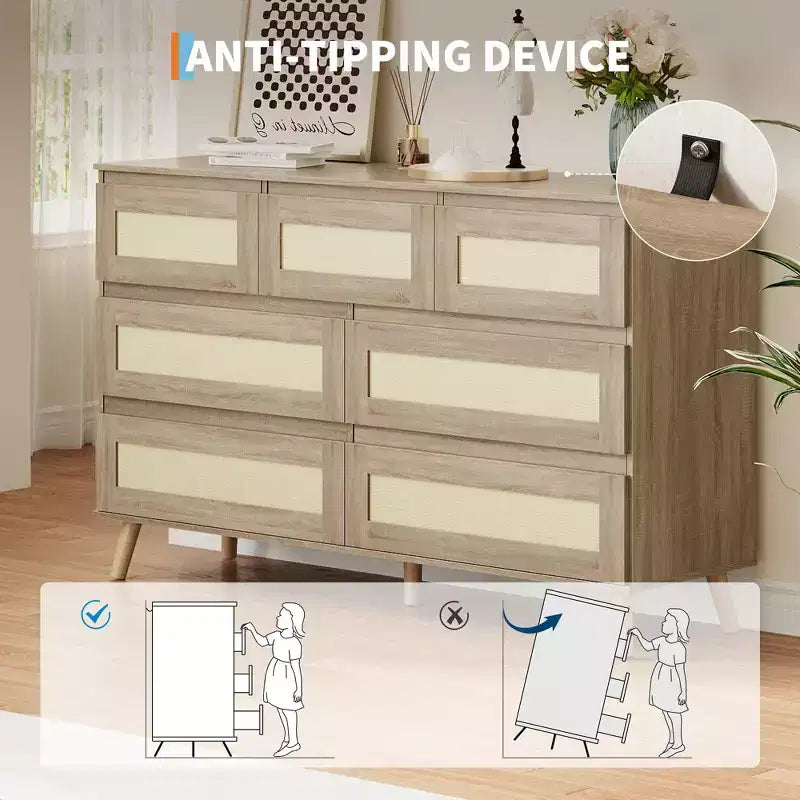 Cómoda de ratán de 6 cajones, cómoda doble con cajones profundos, cómoda para armario con superficie ancha, para dormitorio, entrada, pasillo, sala de estar