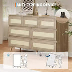 Cómoda de ratán de 6 cajones, cómoda doble con cajones profundos, cómoda para armario con superficie ancha, para dormitorio, entrada, pasillo, sala de estar