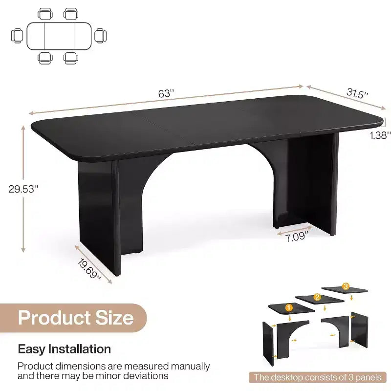Mesa de comedor moderna negra para 4-6 personas, mesa de cocina rectangular grande de 63 pulgadas con patas de diseño de arco, para comedor