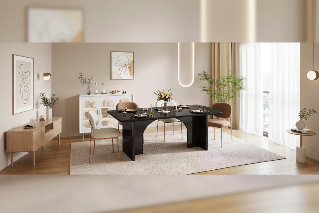 Mesa de comedor moderna negra para 4-6 personas, mesa de cocina rectangular grande de 63 pulgadas con patas de diseño de arco, para comedor