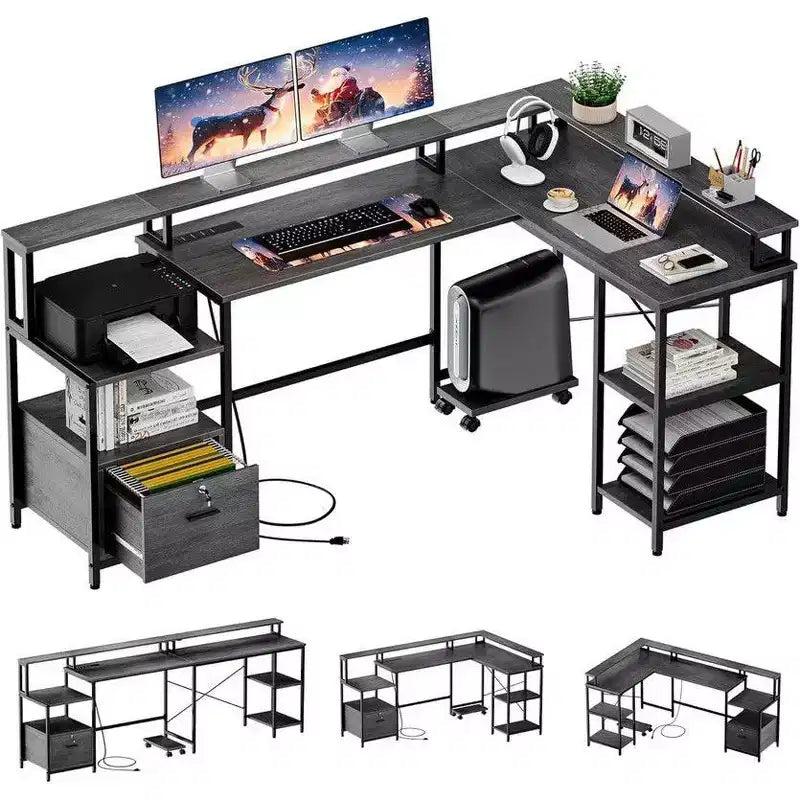 L Shaped Desk, 76 Inch Reversible Office Desk with File Drawer for Home Office