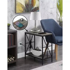 HomeStock Belmont Chairside End Table with Charging Station and Shelf, Two USB Ports, Stylish Crisscross Frame Accent Table for Bedroom Dcor