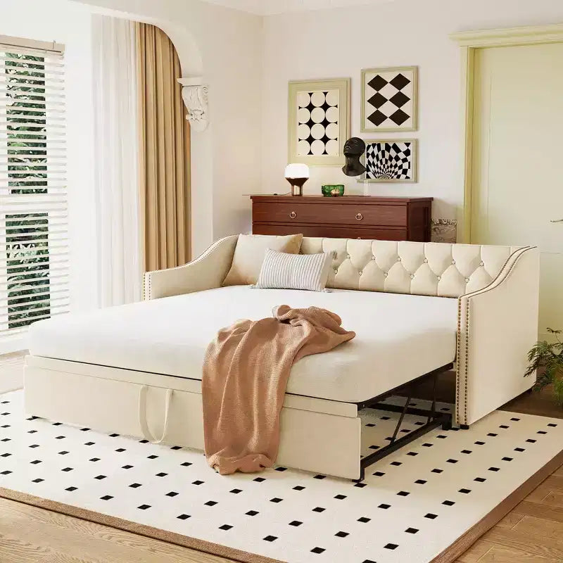 Bellemave sofá cama tapizado individual con nido elevable, estructura de sofá cama individual con nido extensible, sofá cama tapizado, dormitorio, sala de estar, beige