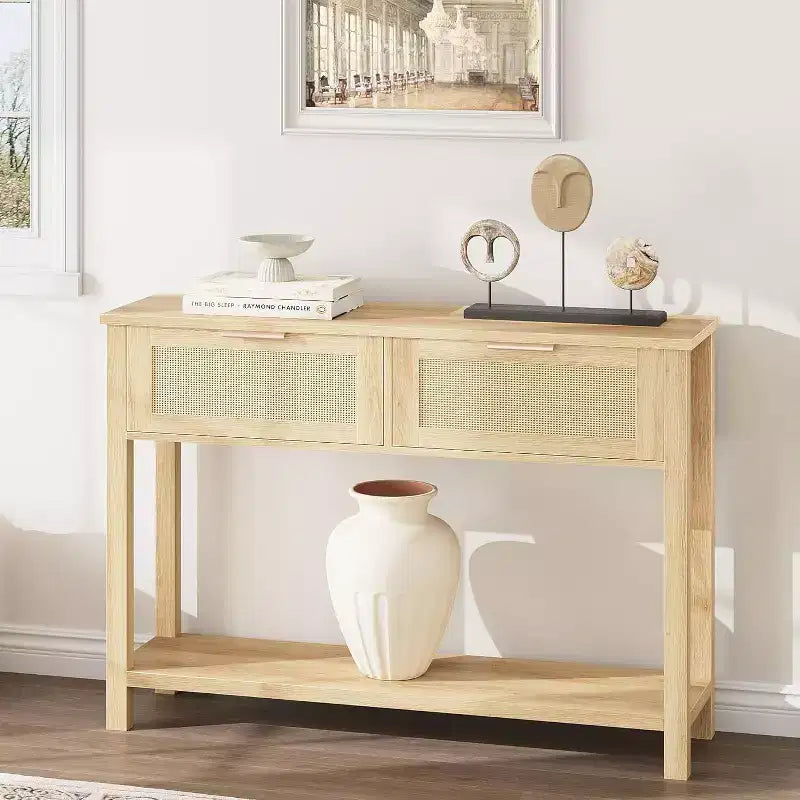 Mesa de Consola Estrecha de Ratán, Mesa de Sofá Boho de 2 Cajones, Almacenamiento de Entrada de 2 Niveles, Mesa Detrás del Sofá para Sala de Estar y Pasillo