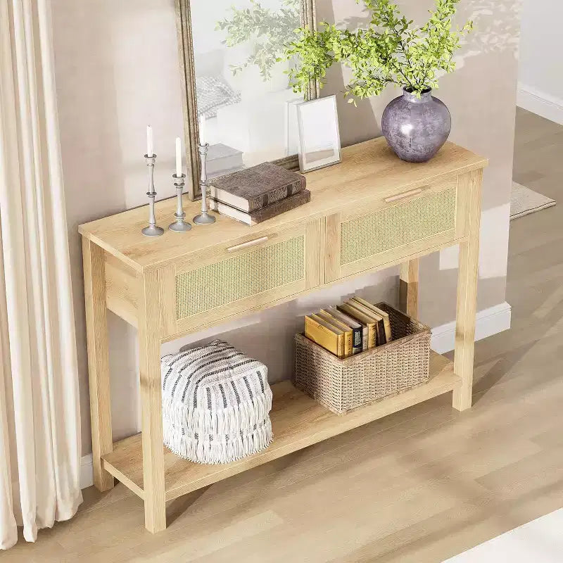 Mesa de Consola Estrecha de Ratán, Mesa de Sofá Boho de 2 Cajones, Almacenamiento de Entrada de 2 Niveles, Mesa Detrás del Sofá para Sala de Estar y Pasillo