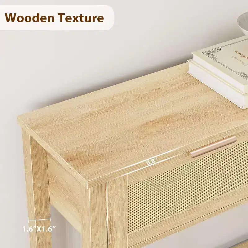 Mesa de Consola Estrecha de Ratán, Mesa de Sofá Boho de 2 Cajones, Almacenamiento de Entrada de 2 Niveles, Mesa Detrás del Sofá para Sala de Estar y Pasillo