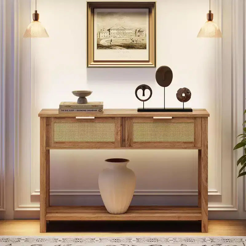 Mesa de Consola Estrecha de Ratán, Mesa de Sofá Boho de 2 Cajones, Almacenamiento de Entrada de 2 Niveles, Mesa Detrás del Sofá para Sala de Estar y Pasillo