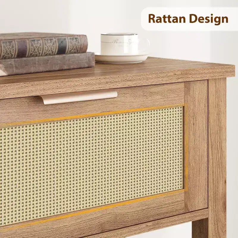 Mesa de Consola Estrecha de Ratán, Mesa de Sofá Boho de 2 Cajones, Almacenamiento de Entrada de 2 Niveles, Mesa Detrás del Sofá para Sala de Estar y Pasillo