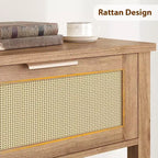 Mesa de Consola Estrecha de Ratán, Mesa de Sofá Boho de 2 Cajones, Almacenamiento de Entrada de 2 Niveles, Mesa Detrás del Sofá para Sala de Estar y Pasillo
