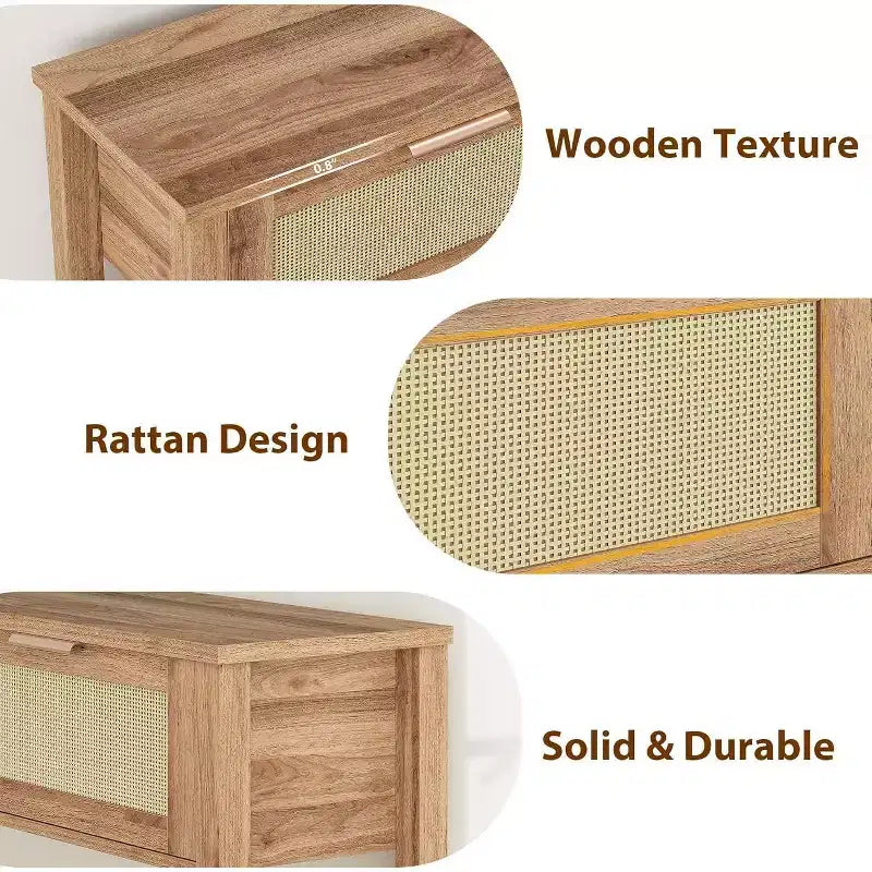 Mesa de Consola Estrecha de Ratán, Mesa de Sofá Boho de 2 Cajones, Almacenamiento de Entrada de 2 Niveles, Mesa Detrás del Sofá para Sala de Estar y Pasillo