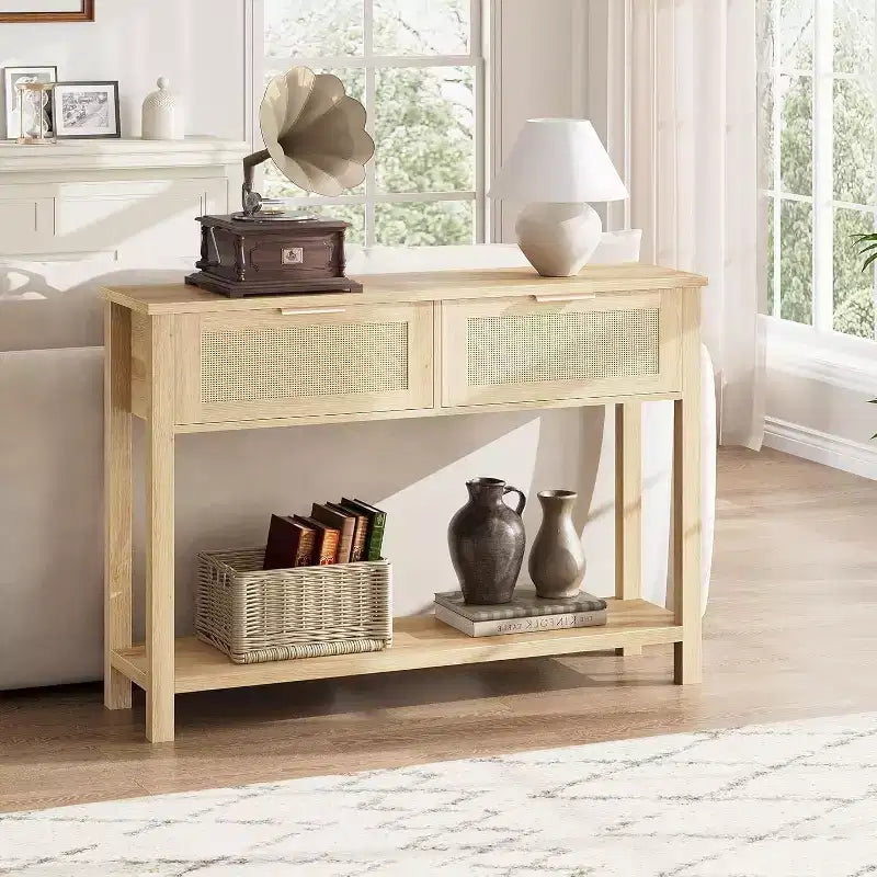 Mesa de Consola Estrecha de Ratán, Mesa de Sofá Boho de 2 Cajones, Almacenamiento de Entrada de 2 Niveles, Mesa Detrás del Sofá para Sala de Estar y Pasillo