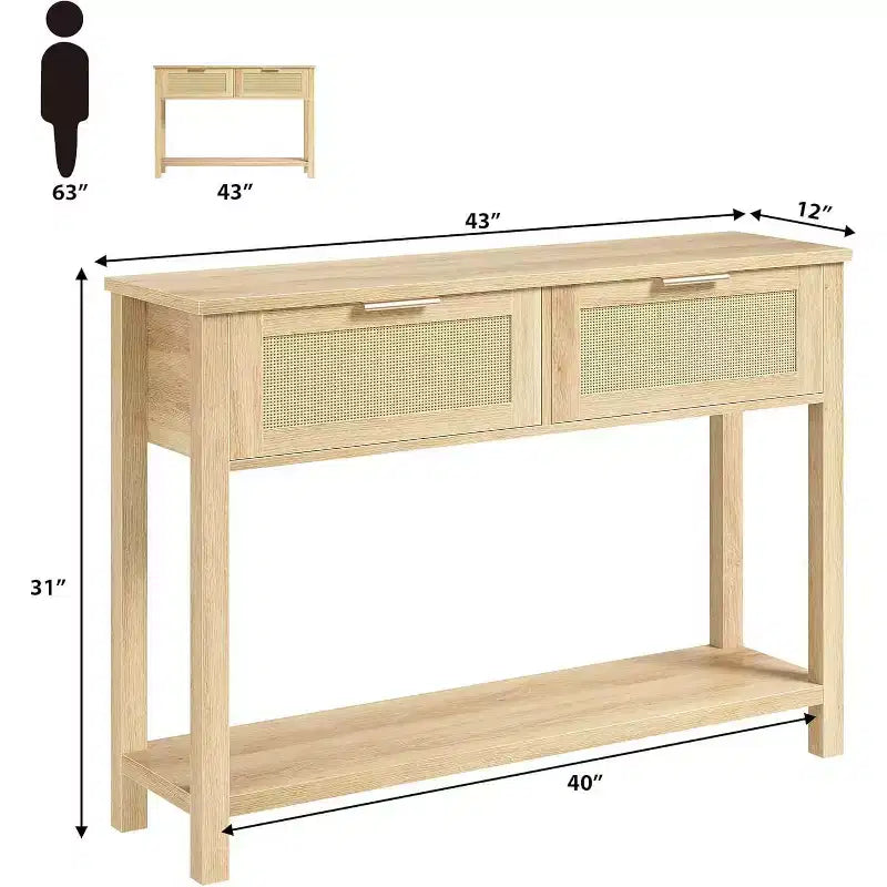 Mesa de Consola Estrecha de Ratán, Mesa de Sofá Boho de 2 Cajones, Almacenamiento de Entrada de 2 Niveles, Mesa Detrás del Sofá para Sala de Estar y Pasillo