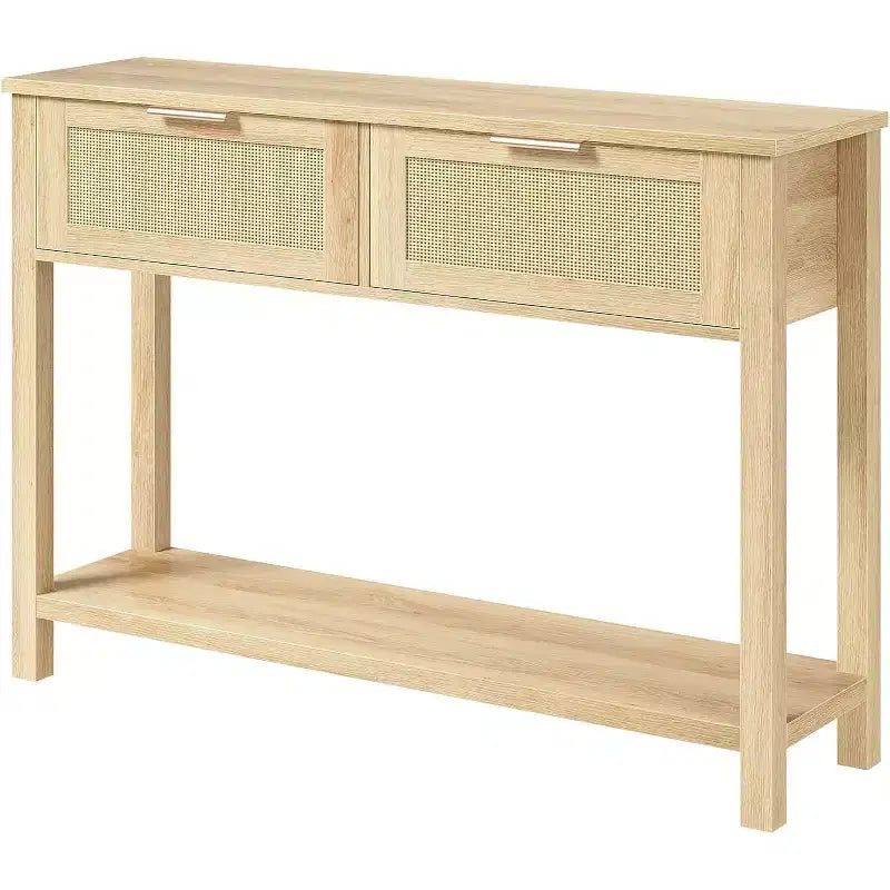 Mesa de Consola Estrecha de Ratán, Mesa de Sofá Boho de 2 Cajones, Almacenamiento de Entrada de 2 Niveles, Mesa Detrás del Sofá para Sala de Estar y Pasillo