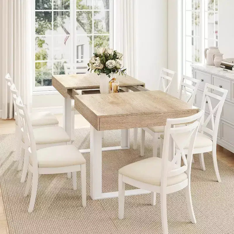 Mesa de comedor extensible Zevemomo63-78.7, mesa de cocina de 6 a 10 asientos, mesa de cocina rectangular con riel metálico, patas cónicas en forma de U para comedor, oficina - Roble