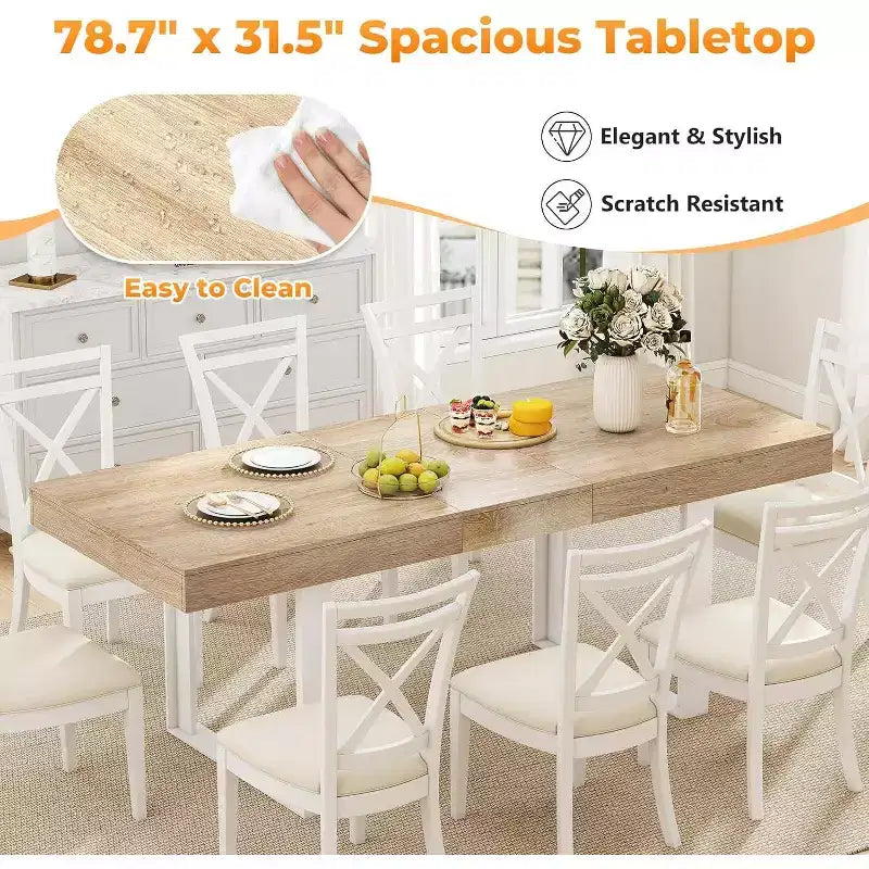 Mesa de comedor extensible Zevemomo63-78.7, mesa de cocina de 6 a 10 asientos, mesa de cocina rectangular con riel metálico, patas cónicas en forma de U para comedor, oficina - Roble