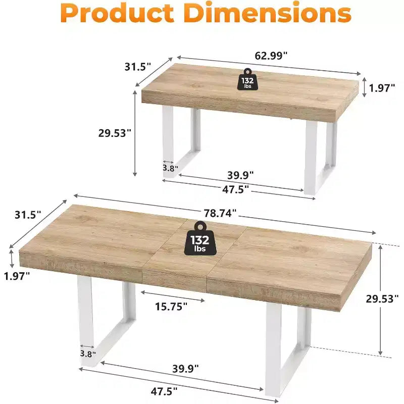Mesa de comedor extensible Zevemomo63-78.7, mesa de cocina de 6 a 10 asientos, mesa de cocina rectangular con riel metálico, patas cónicas en forma de U para comedor, oficina - Roble